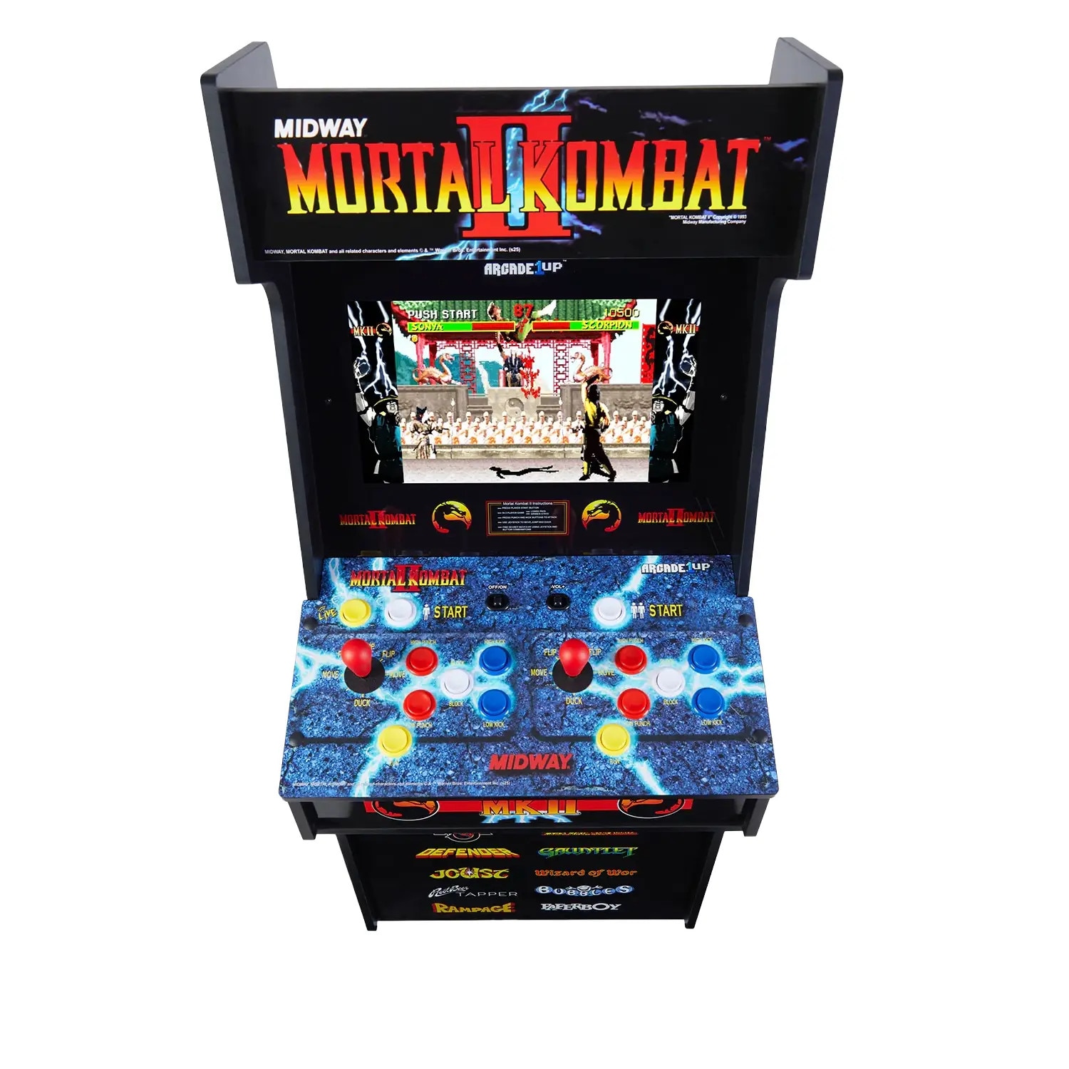 Consola verticala 13 jocuri ARCADE1UP, Mortal Kombat™ II Classic SE, H 115 cm, Wi-Fi, 2 jucatori, online play, grafica retro vibranta, display LCD 15.6 inch, tehnologie IPS, difuzor extern, volum reglabil, potrivit pentru game rooms/birou, multicolor