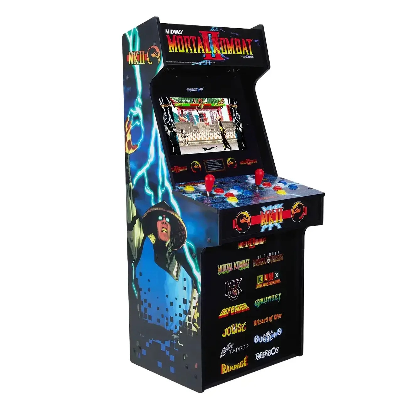 Consola verticala 13 jocuri ARCADE1UP, Mortal Kombat™ II Classic SE, H 115 cm, Wi-Fi, 2 jucatori, online play, grafica retro vibranta, display LCD 15.6 inch, tehnologie IPS, difuzor extern, volum reglabil, potrivit pentru game rooms/birou, multicolor