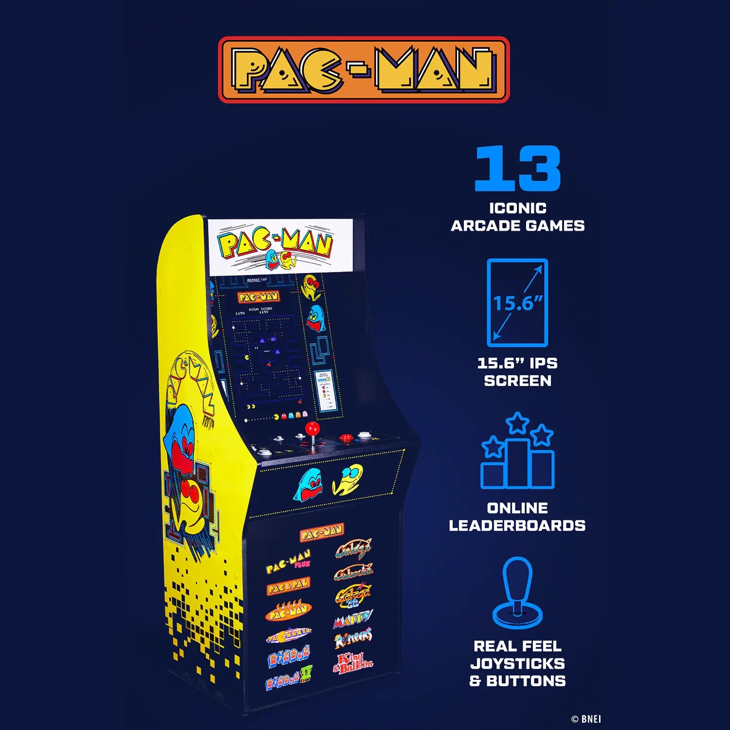 Consola verticala 13 jocuri ARCADE1UP, Pac-Man™ Classic SE, H 115 cm, Wi-Fi, un jucator, grafica retro vibranta, display LCD color 15.6 inch, tehnologie IPS, difuzor extern, volum reglabil, potrivit pentru game rooms/birou, multicolor
