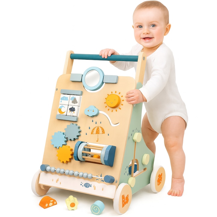 Antemergator din Lemn cu Activitati Educationale "LikeSmart Sunny Wood Walker" – Jucarie Montessori pentru Bebelusi 9-18 Luni | Incurajeaza Mersul, Dezvoltarea Motorie si Coordonarea | Design Premium cu Elemente Interactive