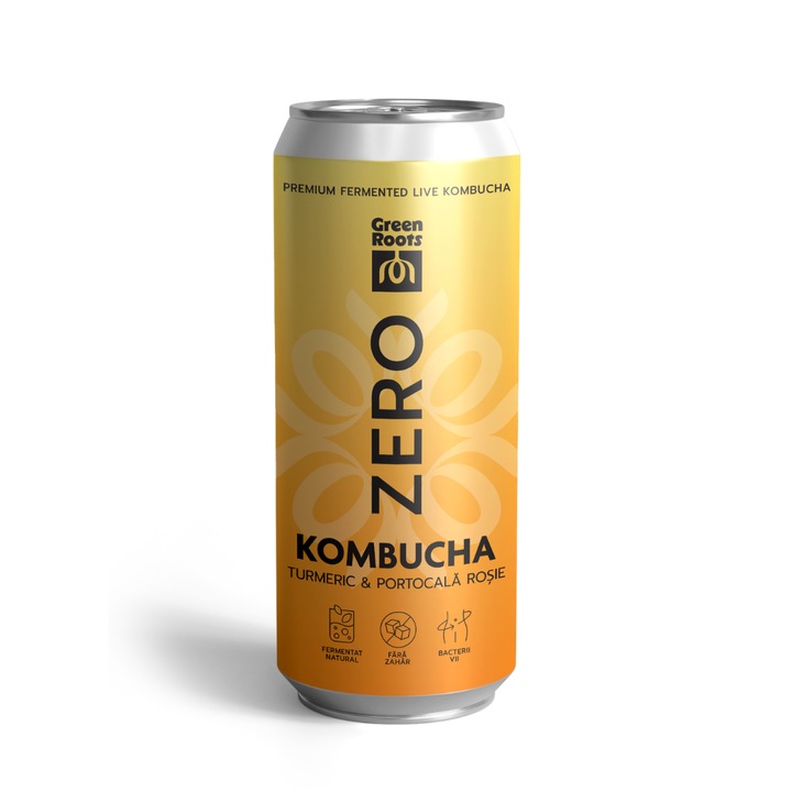 Bautura racoritoare Kombucha ZERO zahar TURMERIC & PORTOCALA ROSIE, bautura fermentata organica, fara coloranti sau conservanti artificiali, 0.33l