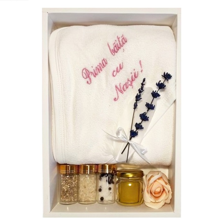 Set cadou personalizat, din 8 piese, pentru prima baita dupa botez, Mini Junior, S1411R, Multicolor