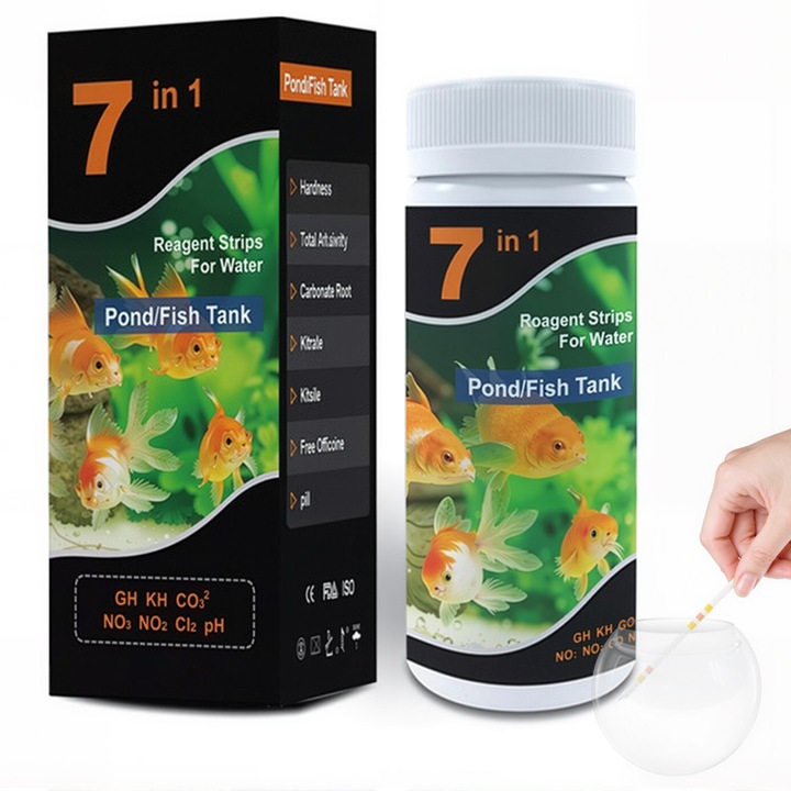 Vízteszt, 7az1-ben (100db), Érzékel: Karbonát, pH, Keménység, Összes klór, Szabad klór, Nitrátok, Nitritek, Alkalmas csapvízhez/ivóvízhez, akváriumhoz, tóhoz