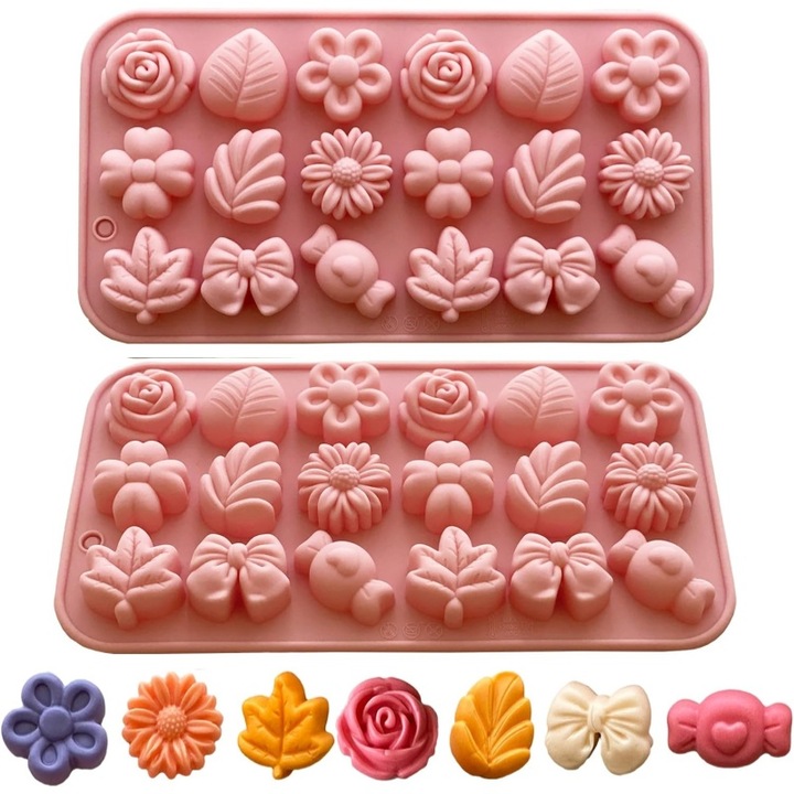 Matrite Silicon pentru Patiserie si Cofetarie KuviKoo™, Forme Flori, Frunze, Bomboane, Fundite, Pentru Ciocolata, Gummies, Gheata Decorativa, Material Sigur pentru Alimente, Usor de Curatat