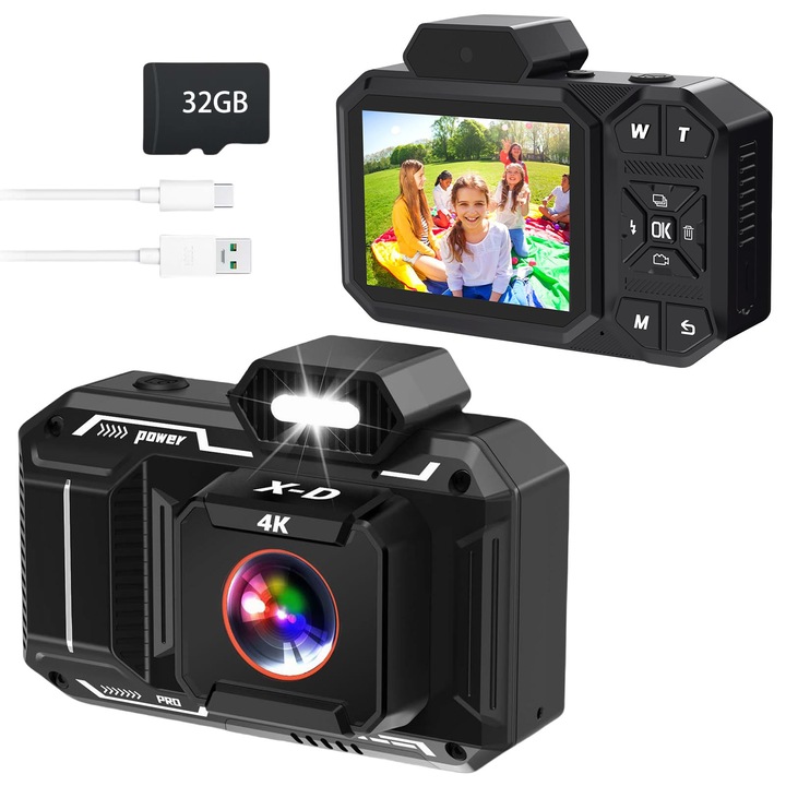 Aparat foto digital, 4K, zoom 16x, 48mp, cu card SD de 32GB, inregistrare si fotografiere, pentru copii si adolescenti, durata lunga de viata, OUYLAF, neagra
