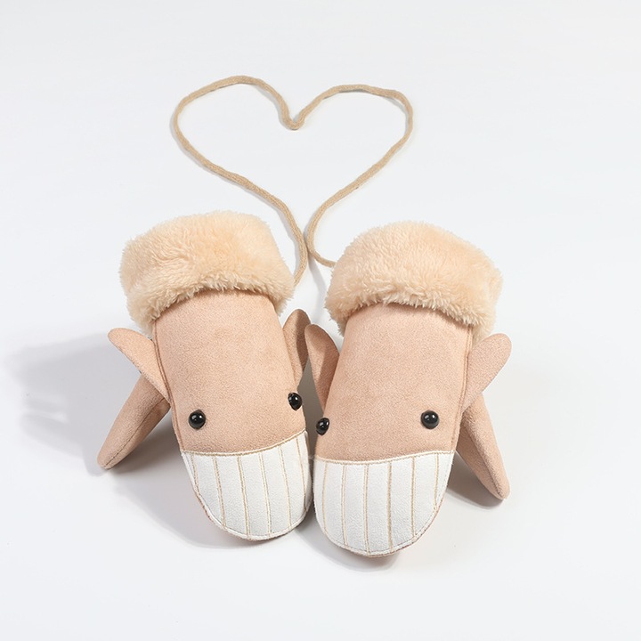 Manusi copii, khaki, cu un deget, captuseala din fleece, piele intoarsa, set pentru toamna si iarna