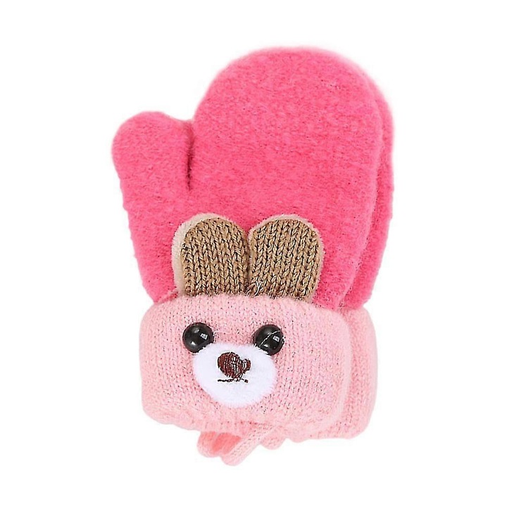 Manusi copii, roz, din lana tricotata, cu captuseala din fleece, pentru 6 luni - 3 ani, set