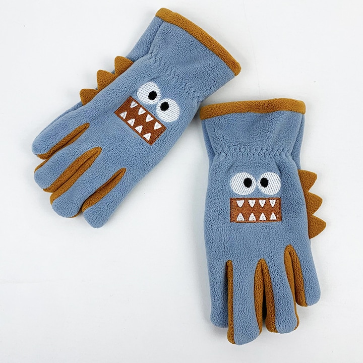 Manusi copii, ST-82, fleece, dinozaur, albastru, o marime se potriveste tuturor