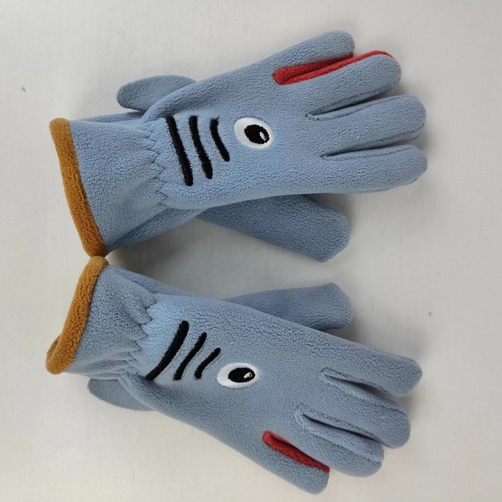 Manusi copii, design rechin, fleece, marime unica, albastre