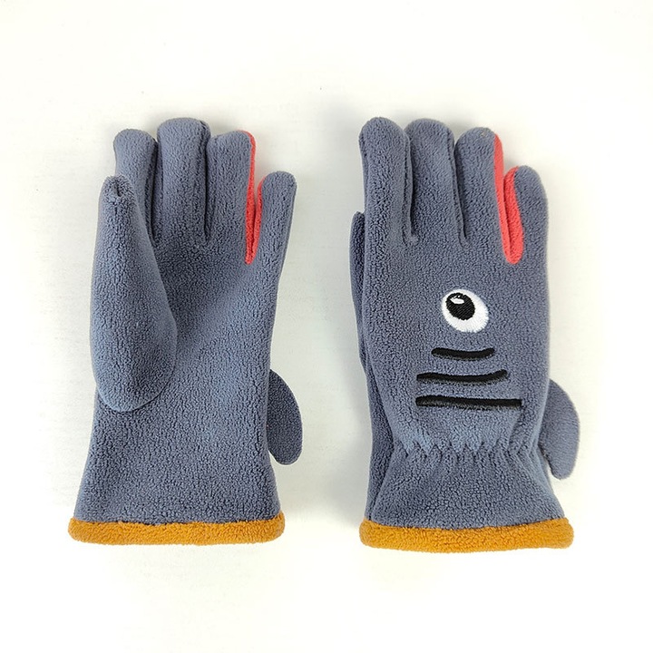 Manusi copii, model ST-104, fleece, model rechin, albastru inchis, o marime.