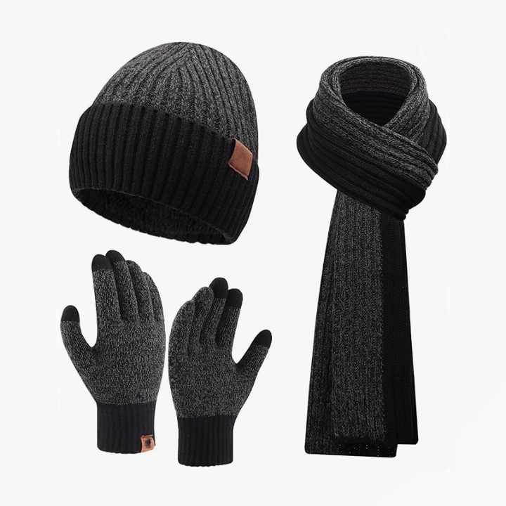Set caciula, fular si manusi barbati, negru/gri, pentru touchscreen