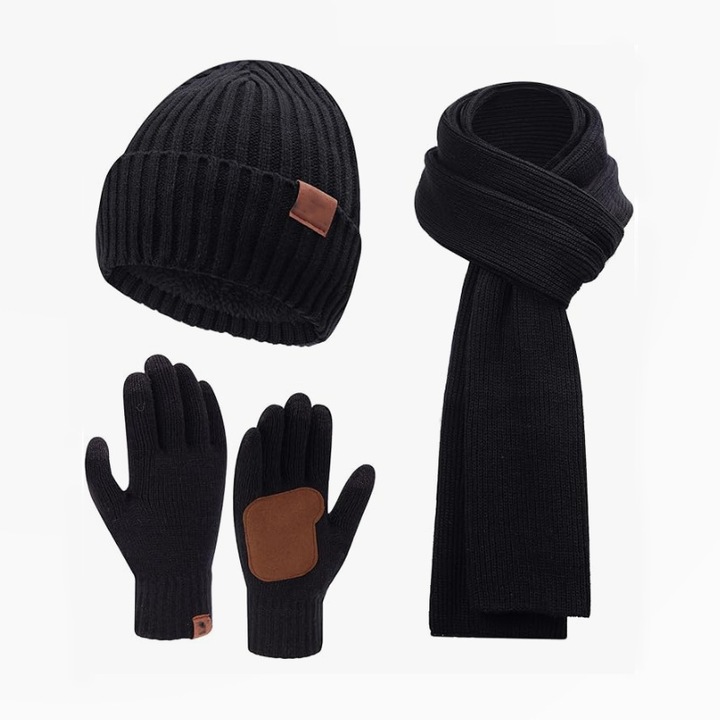 Set caciula, fular si manusi barbati, suport touchscreen, negru