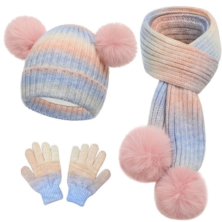 Сладък детски комплект от 3 части - шапка с помпон, шал и ръкавици, топъл зимен комплект с поларена подплата, множество цветове