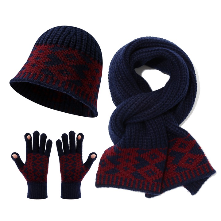 Set caciula, fular si manusi tricotate pentru adulti, model geometric, albastru inchis/rosu