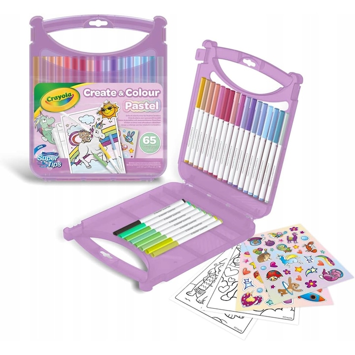 Set 65 Markere Lavabile Crayola SuperTips, Culori Pastel, Accesorii