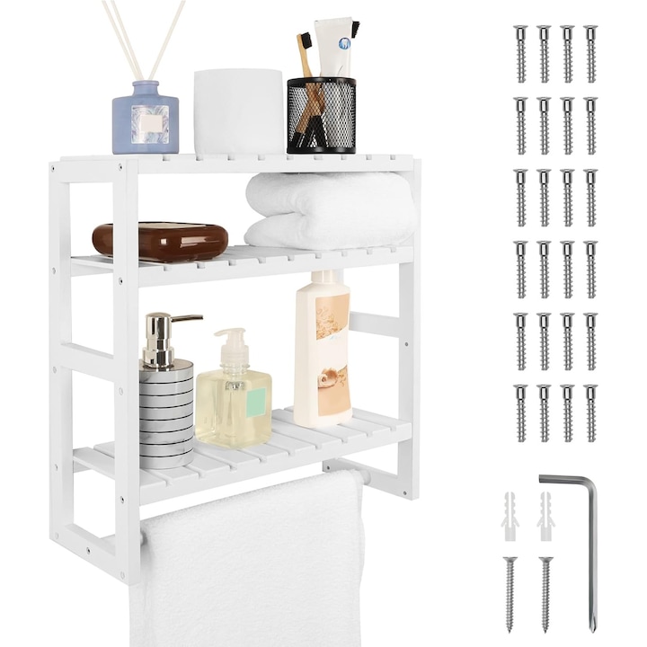Raft suspendat pentru baie Belle Vous, 3 niveluri, 42 x 15 x 43 cm, din bambus, multifunctional, cu suport pentru prosoape, Alb