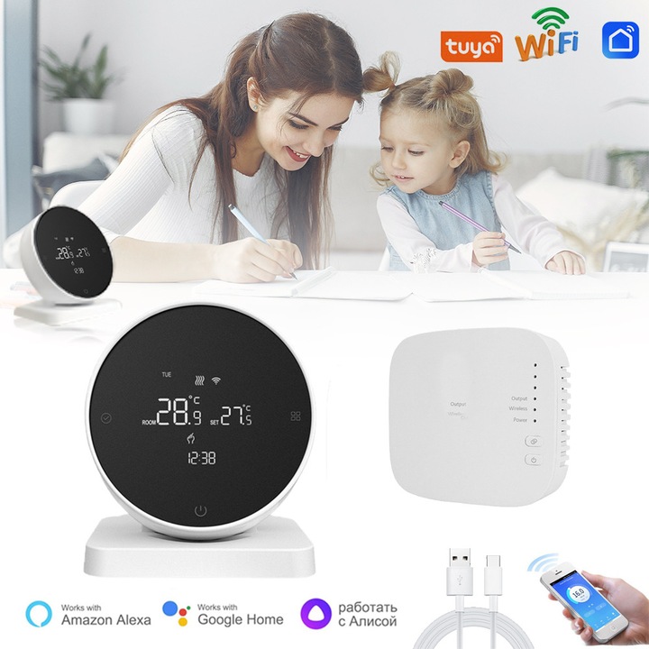 Excitat®，Termostat De Ambient Smart, WiFi, Control de pe telefon, compatibil Tuya/Alexa/GoogleHome/SmartLife App, Programabil, Compatibil cu orice centrala termica, Receiver inclus, Suport masa, Suport montare perete incluse