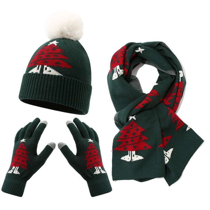Set caciula, fular si manusi tricotate cu model de brad de Craciun, verde/rosu