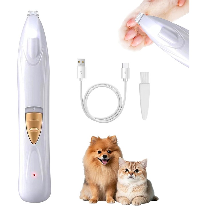 Безжичен тример за нокти на домашни любимци, ултра тих електрически тример за кучешка козина с LED светлина, акумулаторен тример за козина на домашни любимци, подходящ за котки и кучета на лапи, очи, уши, лице и тяло, бял