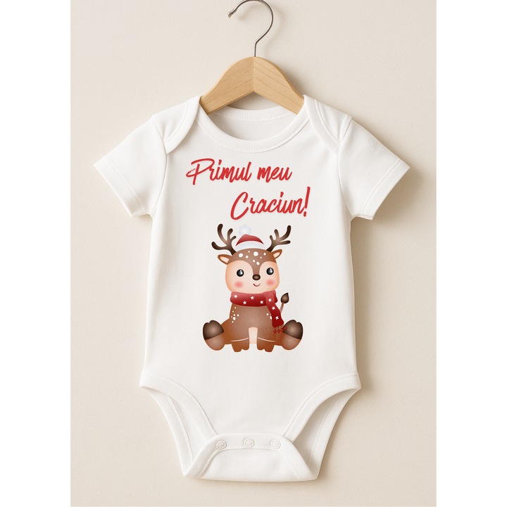 Body alb pentru bebelusi, bumbac 100%, ren adorabil – „Primul meu Craciun