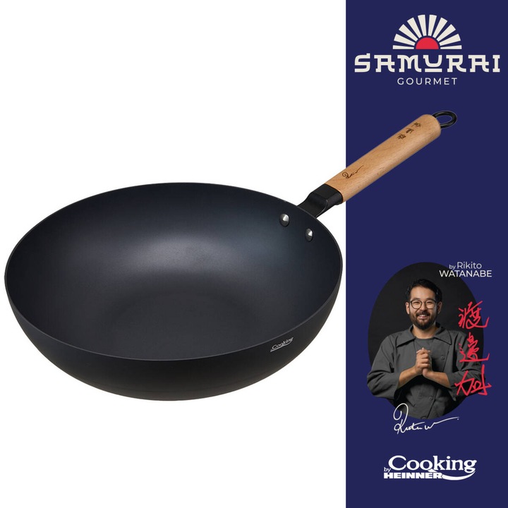 Tigaie Wok Heinner Rikito Watanabe 32x9cm, ceramică neagră, mâner din lemn