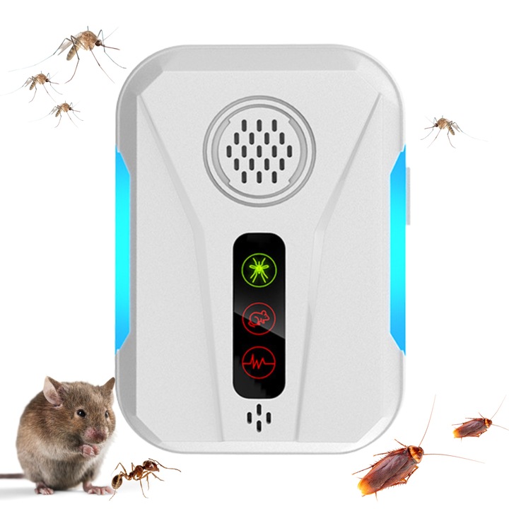 Aparat Ultrasunete Anti-Daunatori, Anti-Soareci si Rozatoare, Tantari, Gandaci, Furnici, Insecte INTEXXA, Tehnologie Ultrasonic Variabil 25–65 kHz, Protectie 360°, Raza 80-120 MP, Non-Toxic, Silentios, Eficienta Extinsa, Ideal Locuinte, Alb