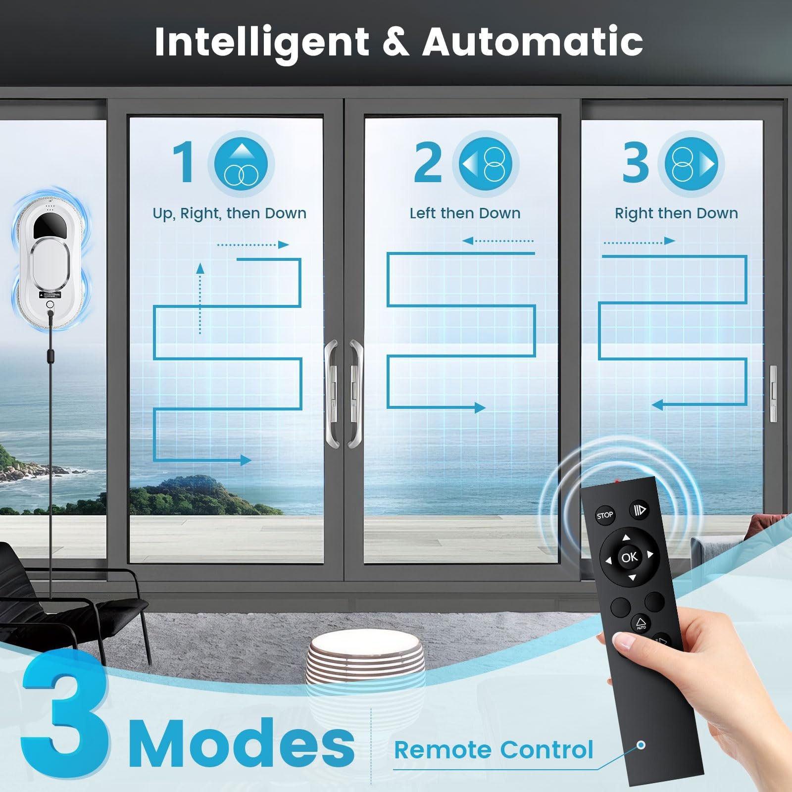 Robot curatare geamuri, Bedee, Curatator automat inteligent de ferestre, 5600 Pa, 90W, Intelligent route planning, Vine cu 10 carpe de curatat si 4 inele de curatare, Potrivit pentru toate suprafetele/pardoselile/gresiile din sticla, Alb