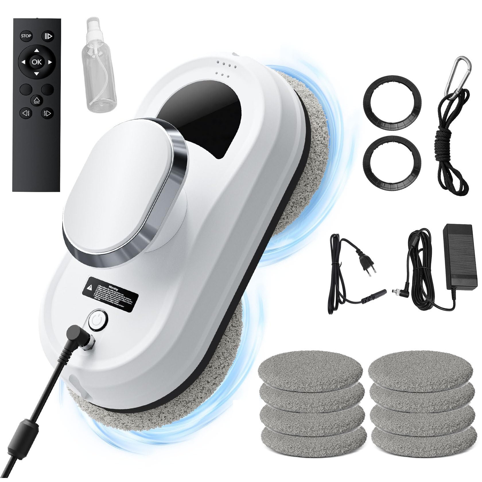 Robot curatare geamuri, Bedee, Curatator automat inteligent de ferestre, 5600 Pa, 90W, Intelligent route planning, Vine cu 10 carpe de curatat si 4 inele de curatare, Potrivit pentru toate suprafetele/pardoselile/gresiile din sticla, Alb