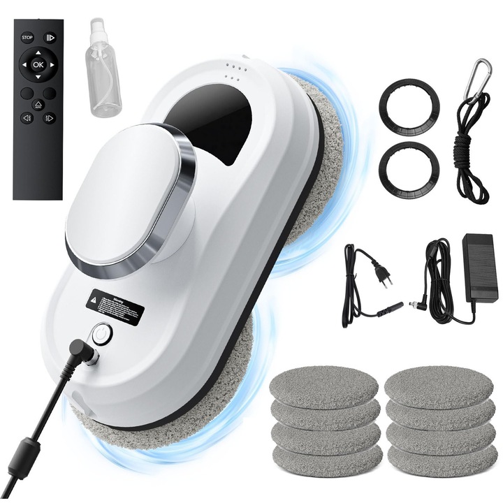 Робот за почистване на прозорци, Bedee, 5600 Pa, 90W, Доставя се с 10 кърпи за почистване и 4 почистващи пръстена, Бял