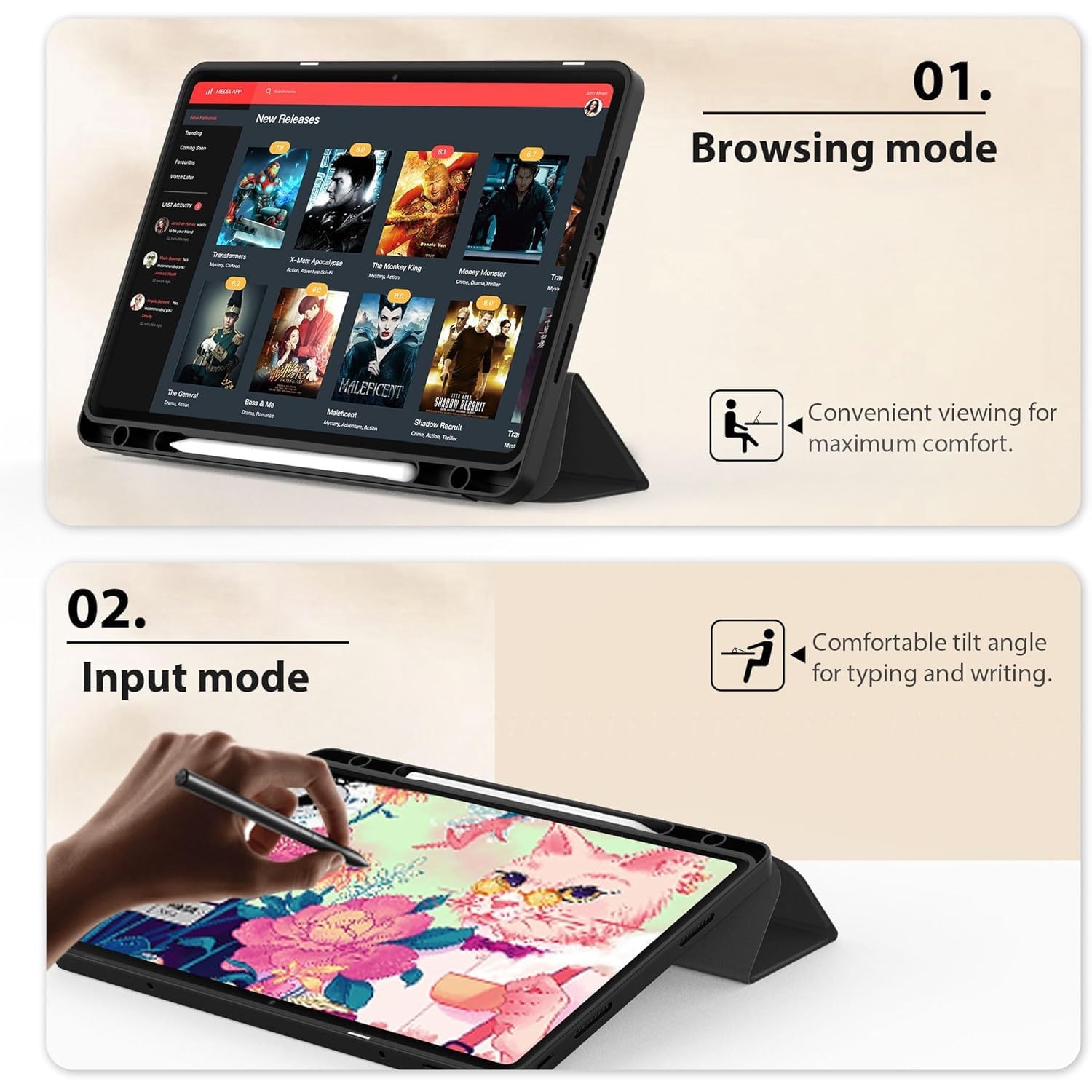 Husa pentru Samsung Galaxy Tab A11 Plus Soft Shell cu functie wake-up/sleep si compartiment pentru stylus, tip stand - negru