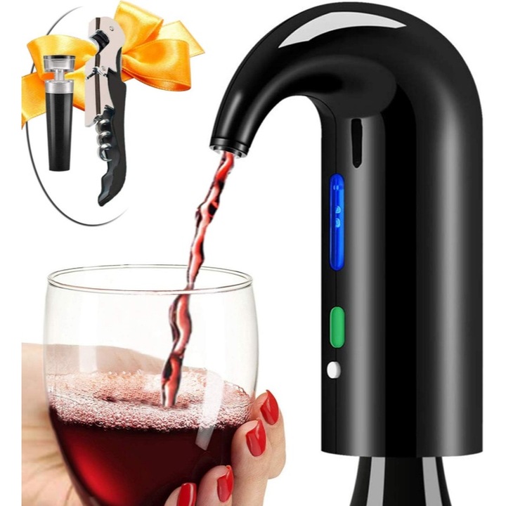 KuviKoo™ Elektromos Borlevegőztető Fekete - Automata Dekantáló LED Világítással, USB Töltéssel és Fejlett Levegőztetési Technológiával, Minden Bortípushoz, Ideális Ajándék
