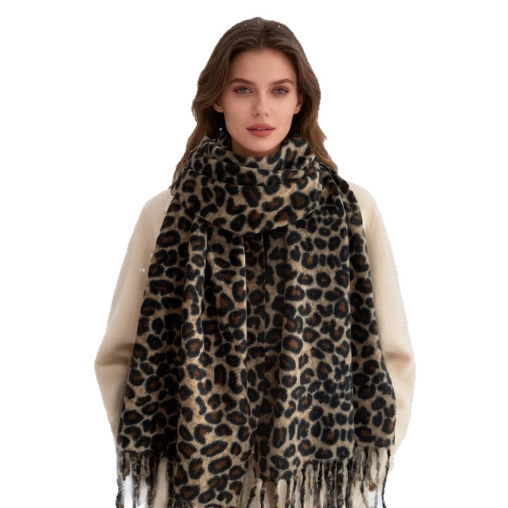 Esarfa dama, leopard vintage, cafeniu deschis, lana de cashmere, cu ciucuri