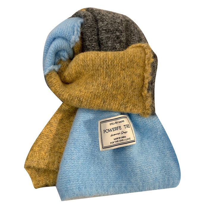 Esarfa groasa tricotata, colorata in albastru si galben, pentru toamna si iarna