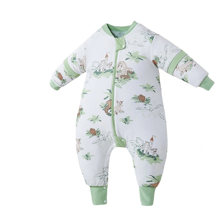 Sac de dormit pentru bebelusi, anti-lovitura, cu picioare separate, ingrosat, matlasat, cu reglare a temperaturii, seria Castelul Padurii, potrivit pentru temperaturi ambientale de 0-15 grade Celsius, marimea S