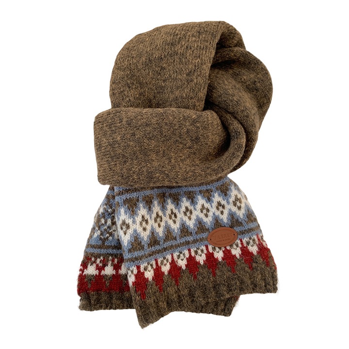 Esarfa tricotata din lana, model Jacquard, culoare maro, pentru toamna si iarna