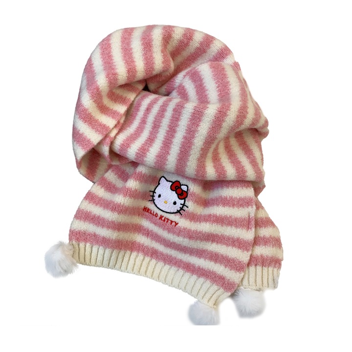 HelloKitty rózsaszín csíkos kötött sál gyerekeknek, őszi és téli szett