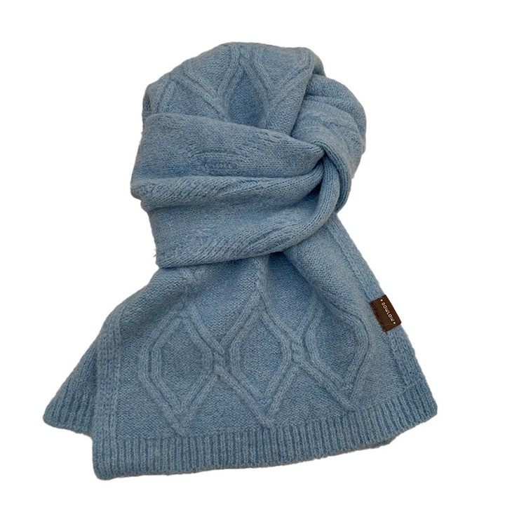 Esarfa tricotata pentru iarna, model diamant, albastra, 100% lana
