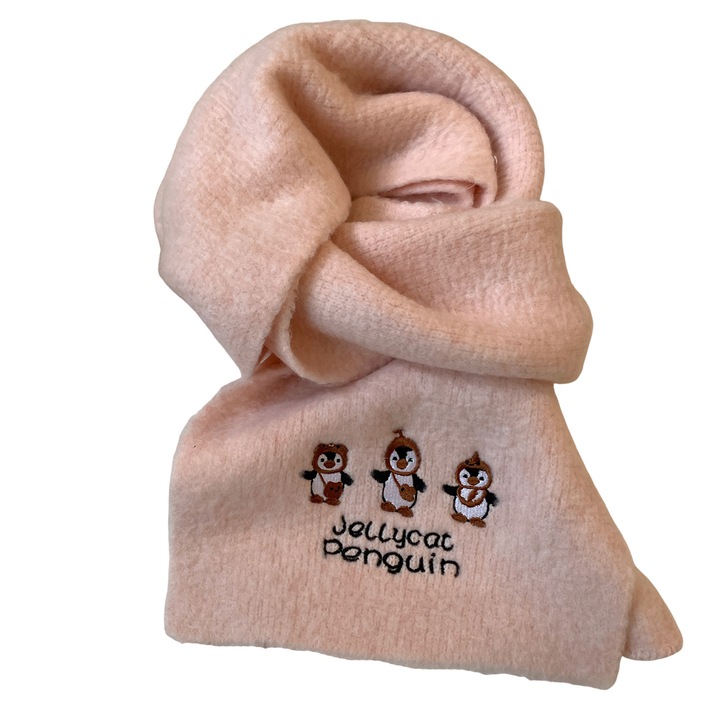 Aranyos pingvin himzett kötött sál - rózsaszín, univerzális