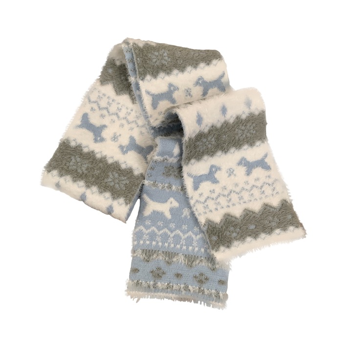 Esarfa tricotata Fair Island Jacquard, multicolor, pentru toamna si iarna, Blue Puppy