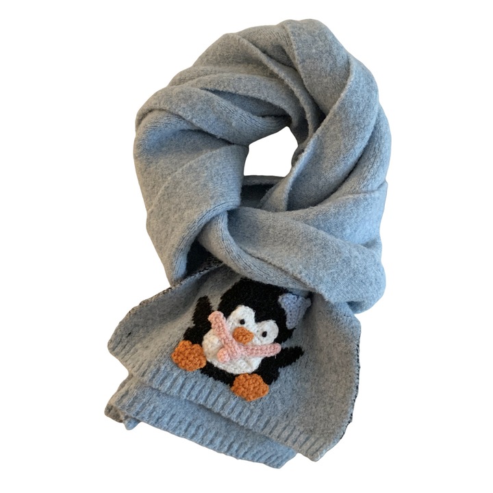 Esarfa tricotata cu pinguin dragut, albastra, pentru toamna si iarna