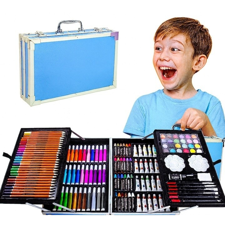 Set de desen si pictura pentru copii, 145 piese, valiza portabila din metal cu sertare, creioane, markere, acuarele, pasteluri, pensule si accesorii, organizare completa, albastru