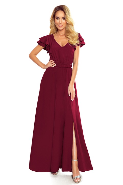 Rochie lunga cu decolteu si volane Numoco, crapatura pe picior, culoare Burgundy (rosu inchis), marime S