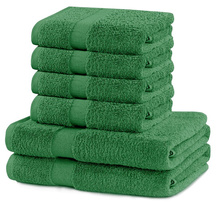 Set 6 prosoape de baie cu bordura simpla, bumbac 100%, 525 g/mp, Marina, 2x70x140 cm, 4x50x100 cm, verde