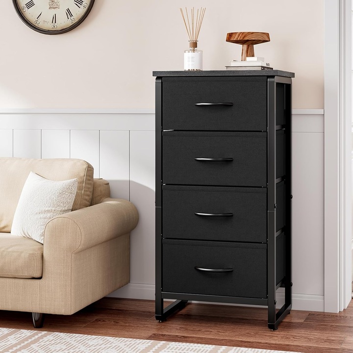 Taotigzu komód 4 fiókkal, tárolótorony fém kerettel, fa asztallappal és textil fiókokkal, fa mintás, 42x28x84 cm, fekete