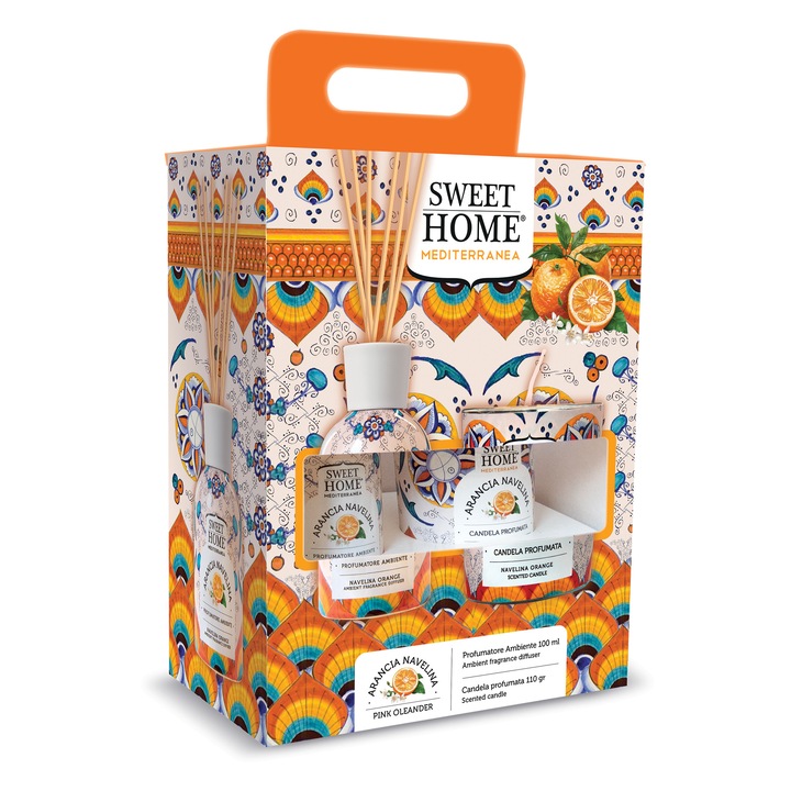 Illatosító ajándékszett pálcikákkal és illatgyertyával, Arancia Navelina