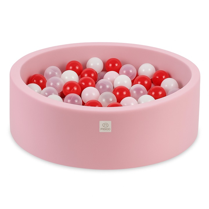 Piscina cu bile pentru copii, Misioo, Bumbac, Roz/Multicolor, 90x30 cm, 200 bile ∅6 cm