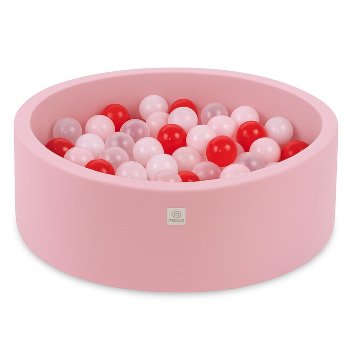 Piscina cu bile pentru copii, Misioo, Bumbac, Roz/Multicolor, 90x30 cm, 200 bile ∅6 cm