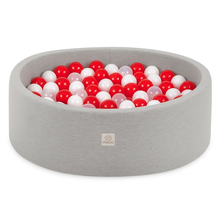 Piscina cu bile pentru copii, Misioo, Bumbac, Gri/Multicolor, 90x30 cm, 200 bile ∅6 cm