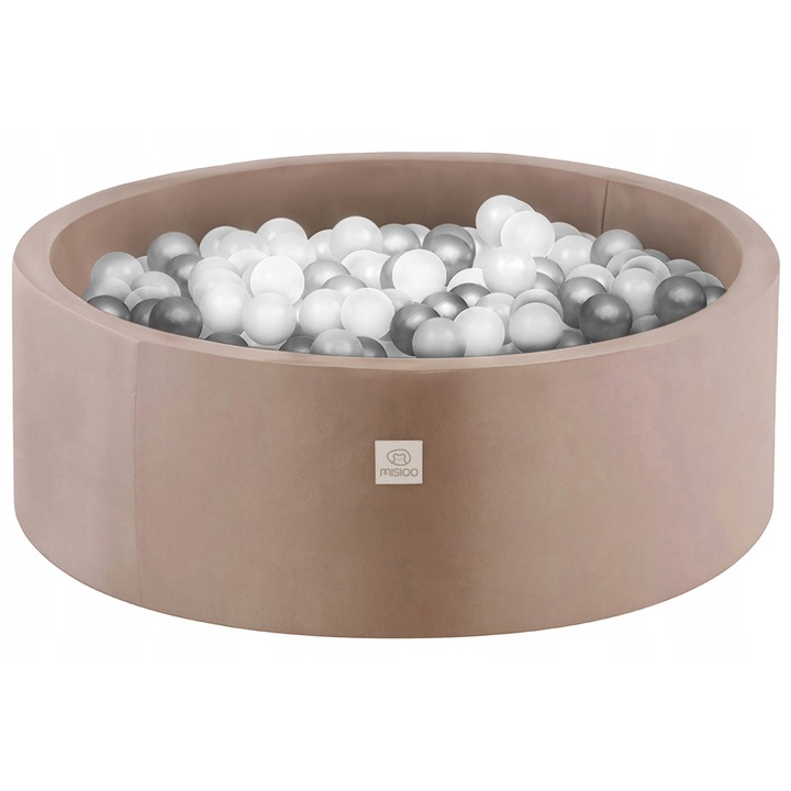 Piscina cu bile pentru copii, Misioo, Velur, Bej/Multicolor, 90x30 cm, 200 bile ∅6 cm