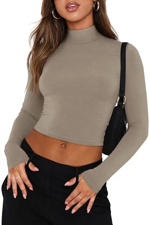 Bluza cu guler inalt, maneca lunga, cu nervuri, croiala slim fit, pentru femei, maro, marimea L, REORIA